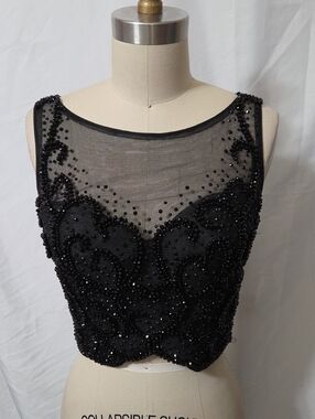 Black Beaded Mesh Corsett Style Crop Top w/Delicate Beading, Size 0, Like New